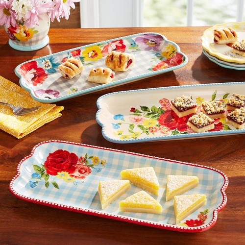 Floral Serve Tray Set 14.25" x 6.25" Rectangle 3-Piece Scalloped Edge Handles - Picture 2 of 8