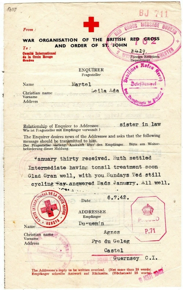 GB Channel Islands WW2 RED CROSS Message Castel GUERNSEY *Chester* 1942 MAX81 - Image 2 of 4