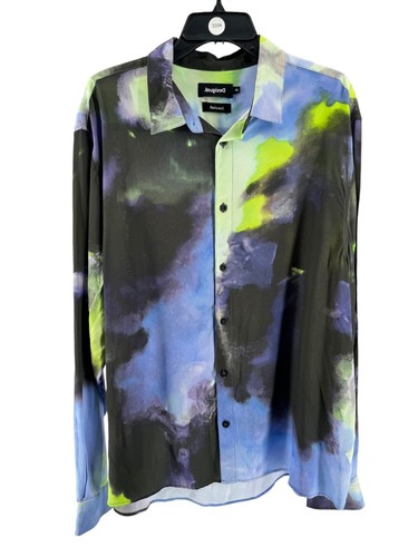 Desigual Men's Watercolor Print Flowing Long Sleeve Button-Up Shirt Size XL