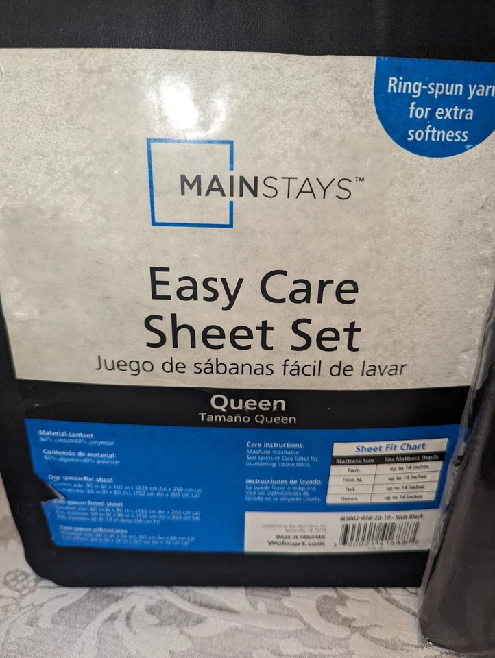 Mainstays Ring Spun Yarn Easy Care Queen Sheet Set With Extra Pillowcases Black - Image 2 of 4