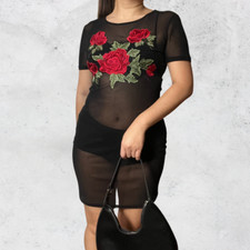 Red Rose Mesh Black Dress Women's M Black Sheer Flower Embroidery