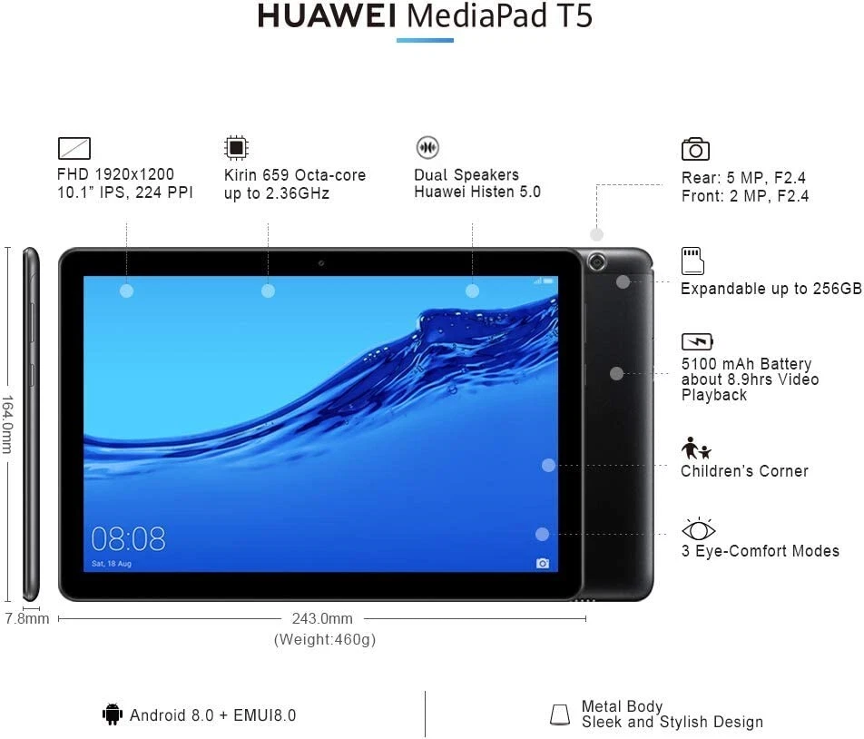 HUAWEI MediaPad T5 10.1in 16GB Black Tablet - Android 8.0 (Oreo)-Grade B - Image 4 of 4