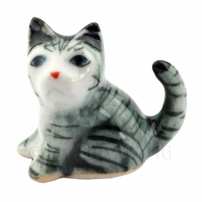 Dolls House Miniature Small Ceramic Grey and White Tabby Cat Sitting