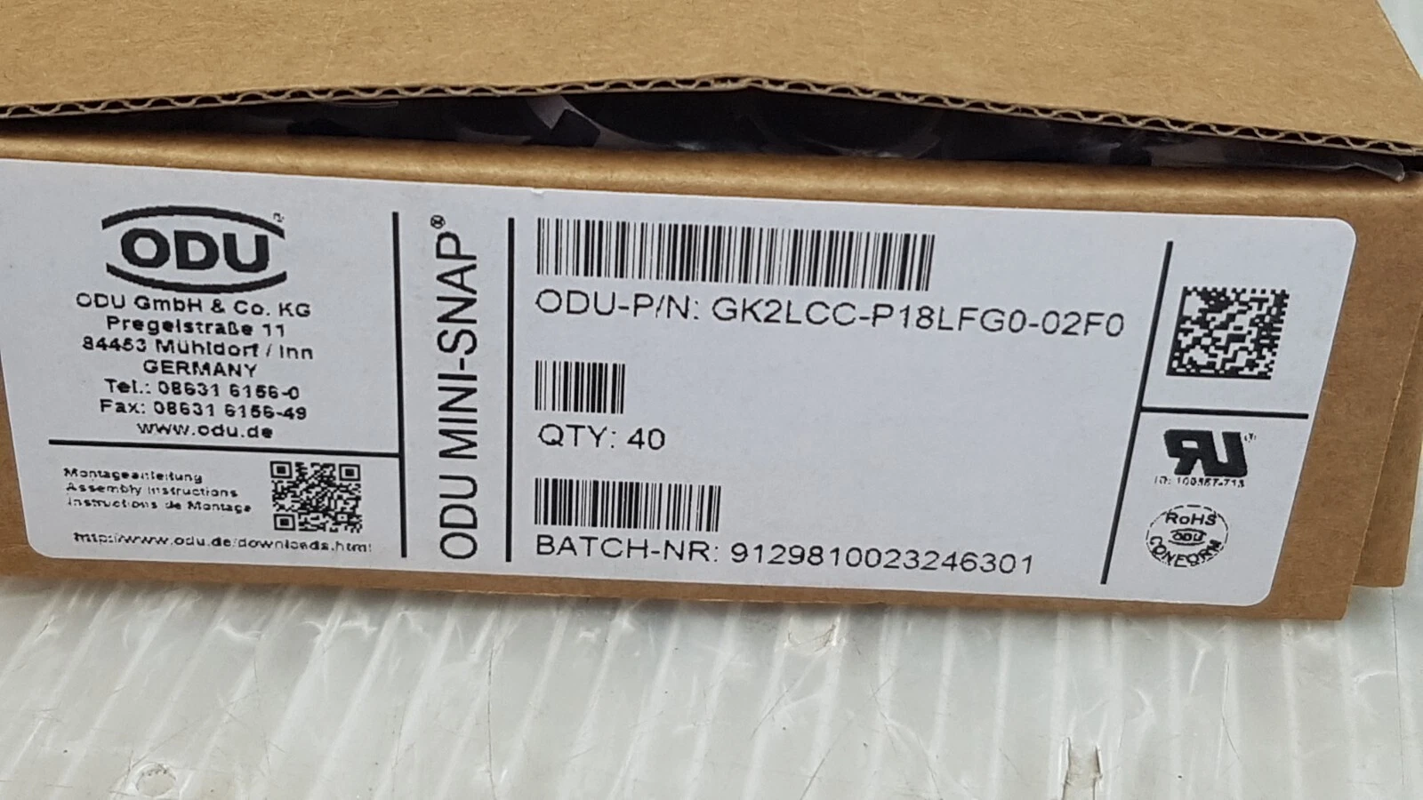 ODU box label: ODU MINI-SNAP, ODU-P/N GK2LCC-P18LFG0-02F0, QTY 40, batch 9129810023246301