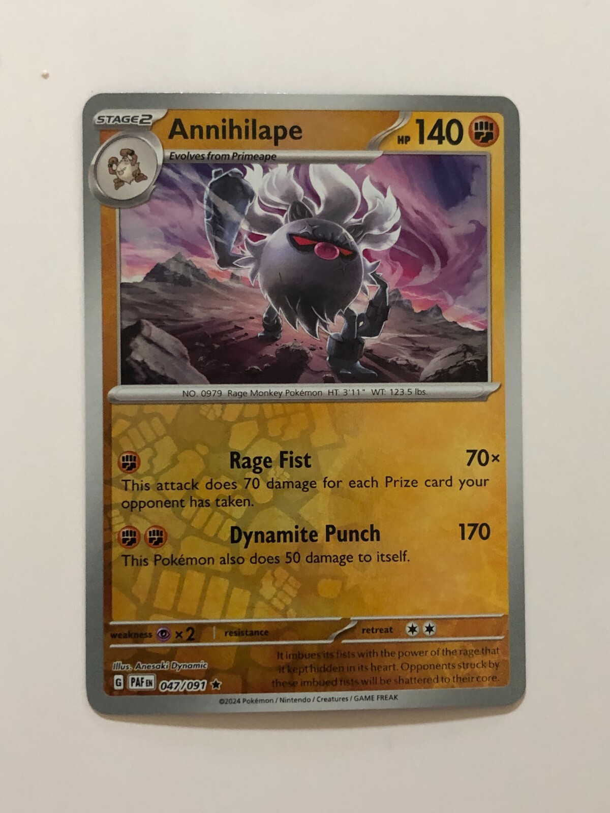 Pokemon Card Paldean Fates Reverse Holographic Annihilape 047/091 NM