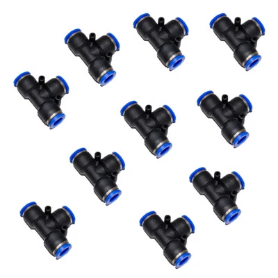 JCP (Qty 10) 1/4" OD Tube Pneumatic Tee Push To Connect, 1/4x1/4x1/4 Air Fitting