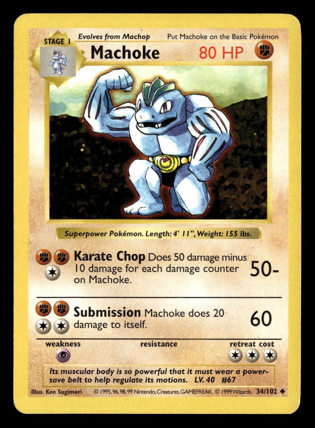 1999 Pokémon Base Set Shadowless MACHOKE 34/102 LP