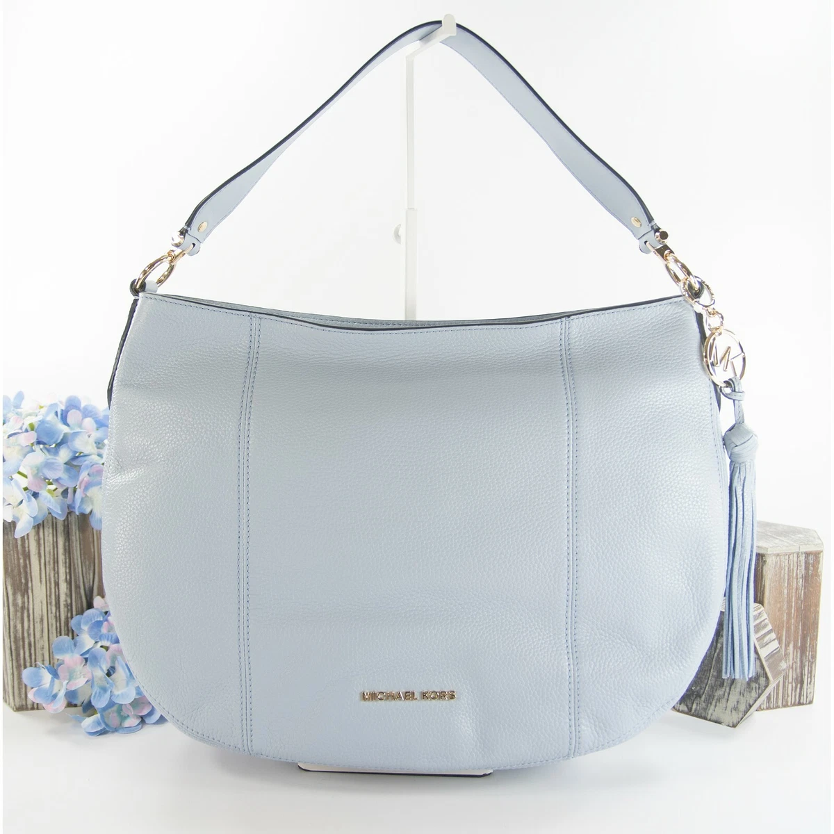 Michael Kors Pale Blue Leather Brooke Large Hobo Shoulder Bag NWT