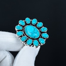 Natural Turquoise Gemstone Flower Ring 925 Sterling Silver Handmade Jewelry Gift