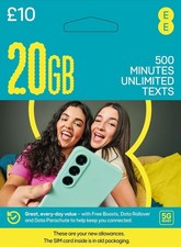 UK EE SIM 20GB Data 500 Mins Unlimited Texts 30 Day Bundle 5G 4G No Contract