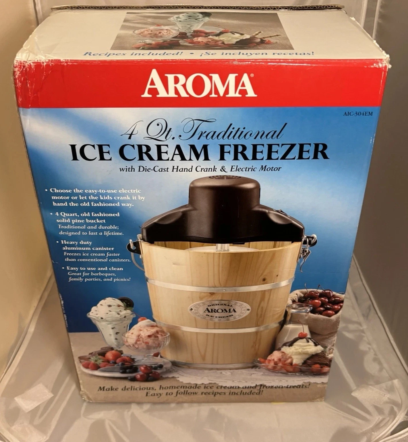 Aroma 4qt Traditional Ice Cream Maker Electric Motor & Hand Crank AIC-304EM
