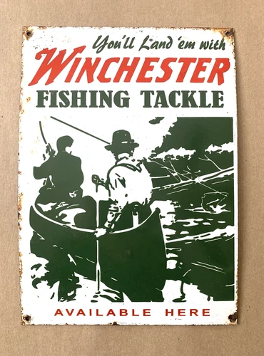 VINTAGE 14x10" WINCHESTER REAPER RIFLE PISTOL GAS OIL GASOLINE PORCELAIN SIGN