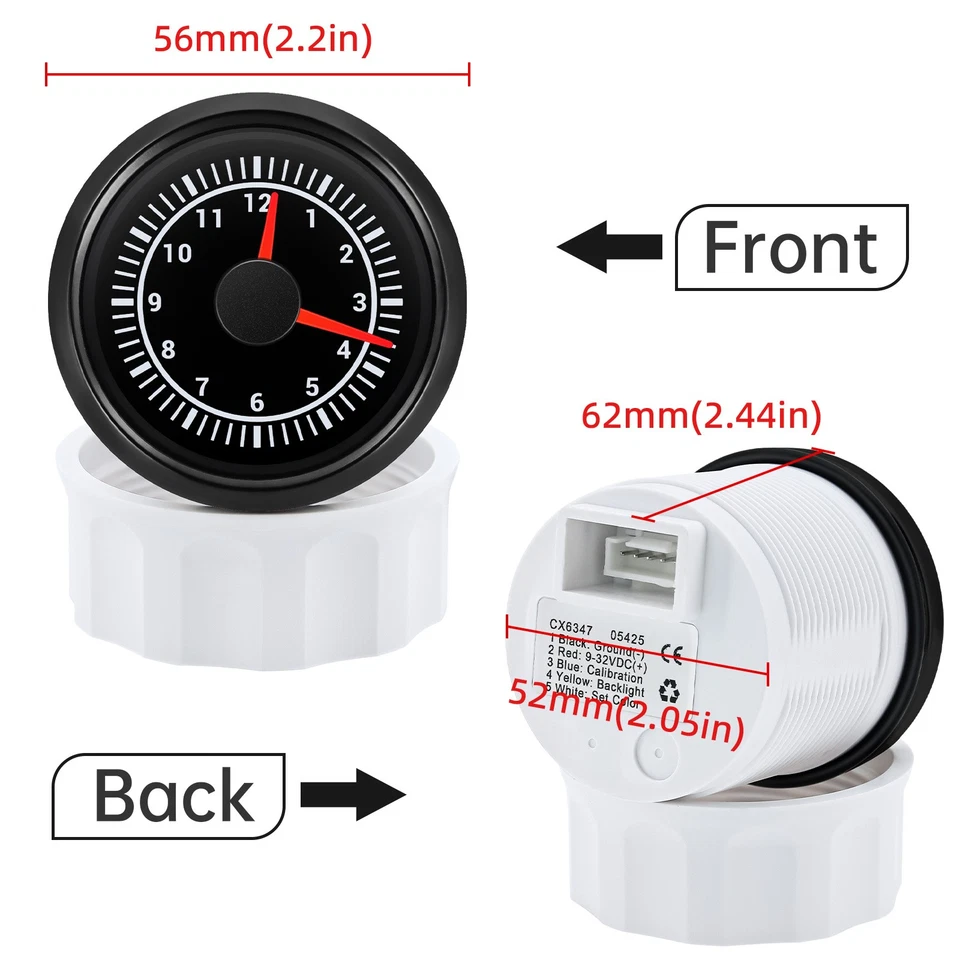 2'' 52mm Universal Clock Gauge Meter 0-12 Hours 7Colors LED for Car Truck Marine - Image 3 of 4