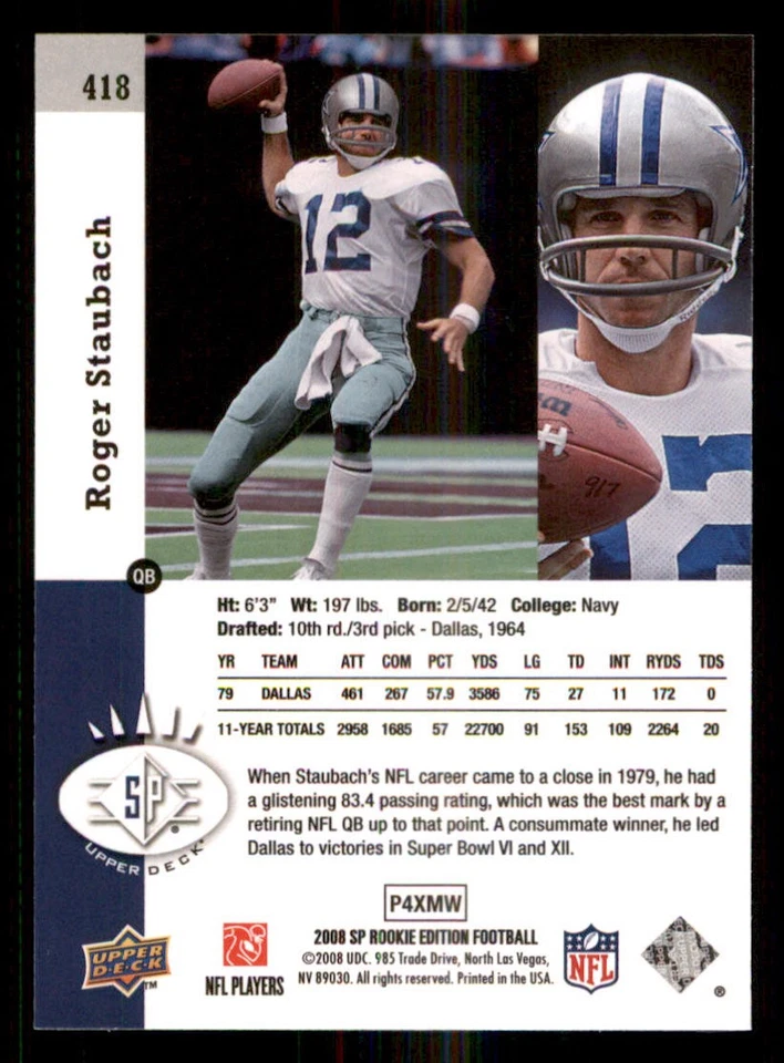 2008 SP Rookie Edition #418 Roger Staubach 93 - Image 2 of 2