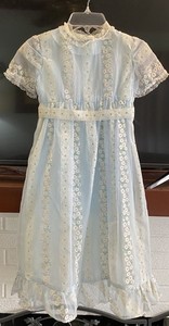 Vintage Girls Cottagecore Sheer Blue Daisy Chiffon Overlay Two Piece Dress 6 8