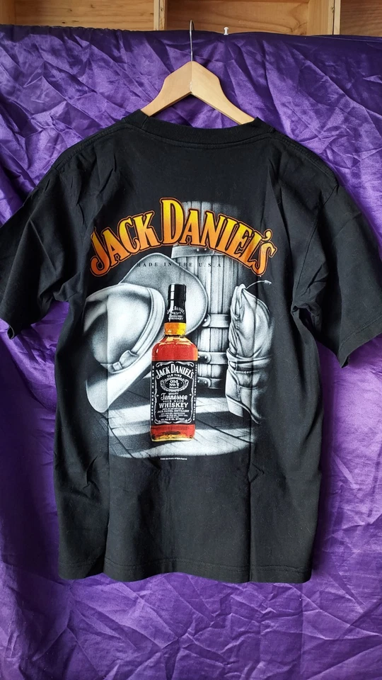 T Shirt Jack Daniels Since 1866 Noir Bottes chapeau bouteille Taille Large Coton - Photo 2/4