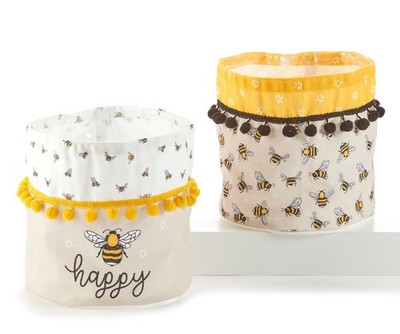 Bee Canvas Planter 18 cm high Storage Bins Set 2 Lined Waterproof Yellow Black