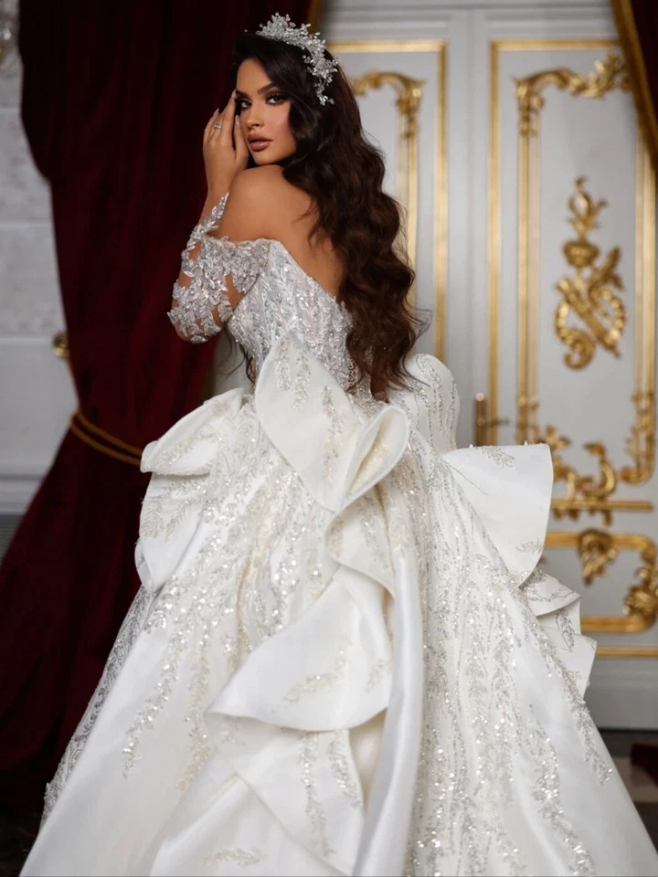 Luxury Mermaid Wedding Dresses Long Sleeved Sequin Lace Applique Bridal Gowns - Image 3 of 4