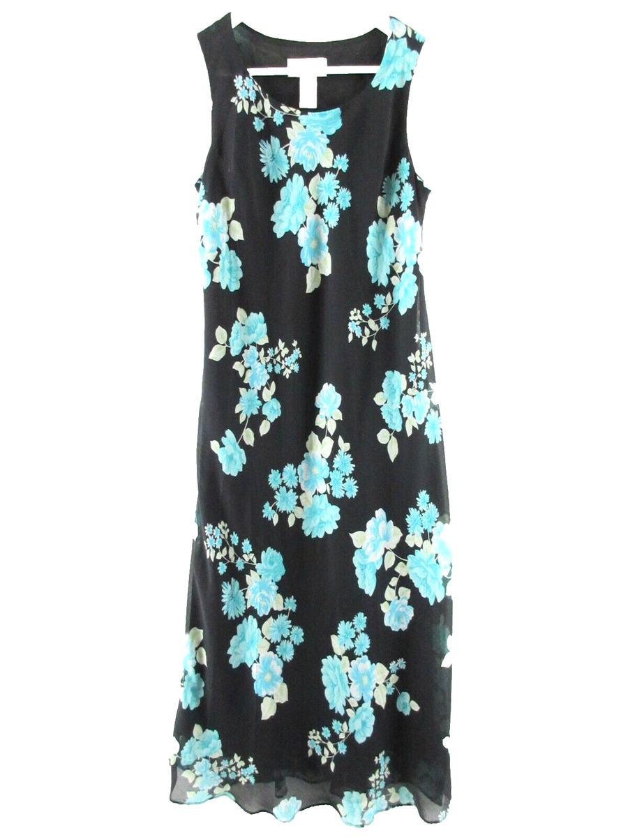 Studio I Dress Womens 12 Black Aqua Floral Maxi Chiffon Sleeveless Slip  Tank Top