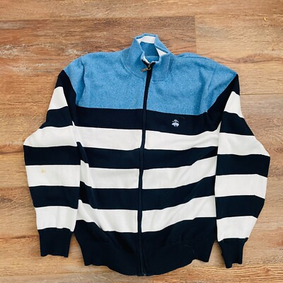 BROOKS BROTHERS Full Zip Sweater Mens Medium Blue White Stripe Cotton READ 