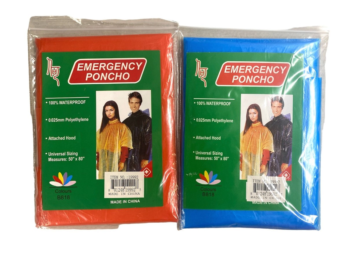 Emergency Poncho 100% Waterproof Attached Hood Universal sizing