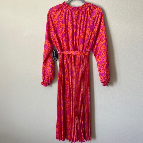 Scoop Pleated Midi Dress Vintage Style Floral Long Sleeve Pink Orange Sz M NWT - Picture 4 of 11