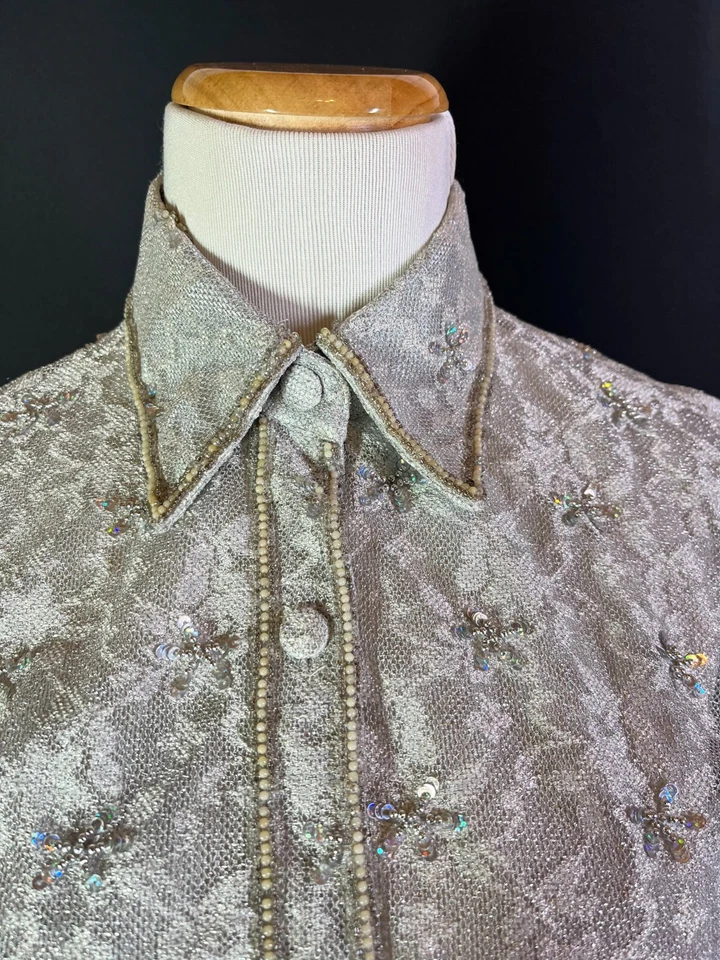 Vintage Precious Formals Size S Sheer Silver Lace Shirt Beaded Sequins - Image 4 of 4