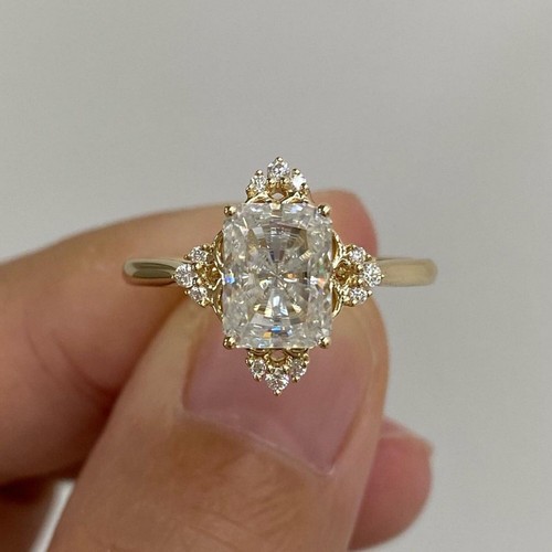 3Ct White Radiant Cut Moissanite Halo Engagement Ring In Solid 14K Yellow Gold