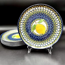 Rachel Roy LEMON Melamine 10.75" Dinner Plates SET/7 Blue Yellow Mosaic Scallop