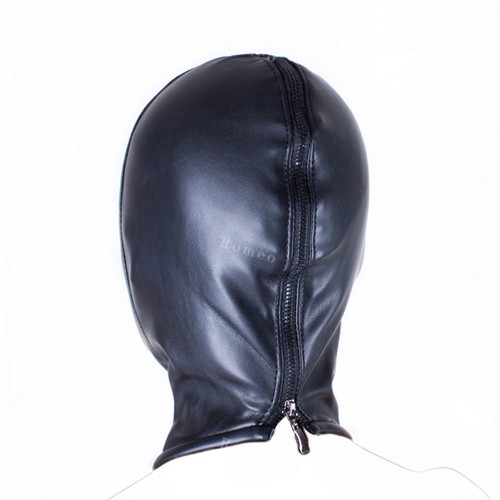Faux Leather Bondage Fetish Cosplay Hood Mask Zip Back Eyes Mouth Holes Size M - Picture 2 of 4