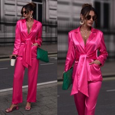 Women Satin Silk Casual Suits for Business Wedding Party Red Banquet Jacket Pant