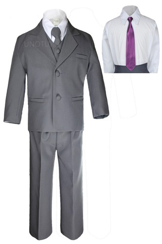 6pc Boy Kids Teen Dark Grey Formal Wedding Party Suits Tuxedo Satin Necktie 5-20 - Picture 13 of 28