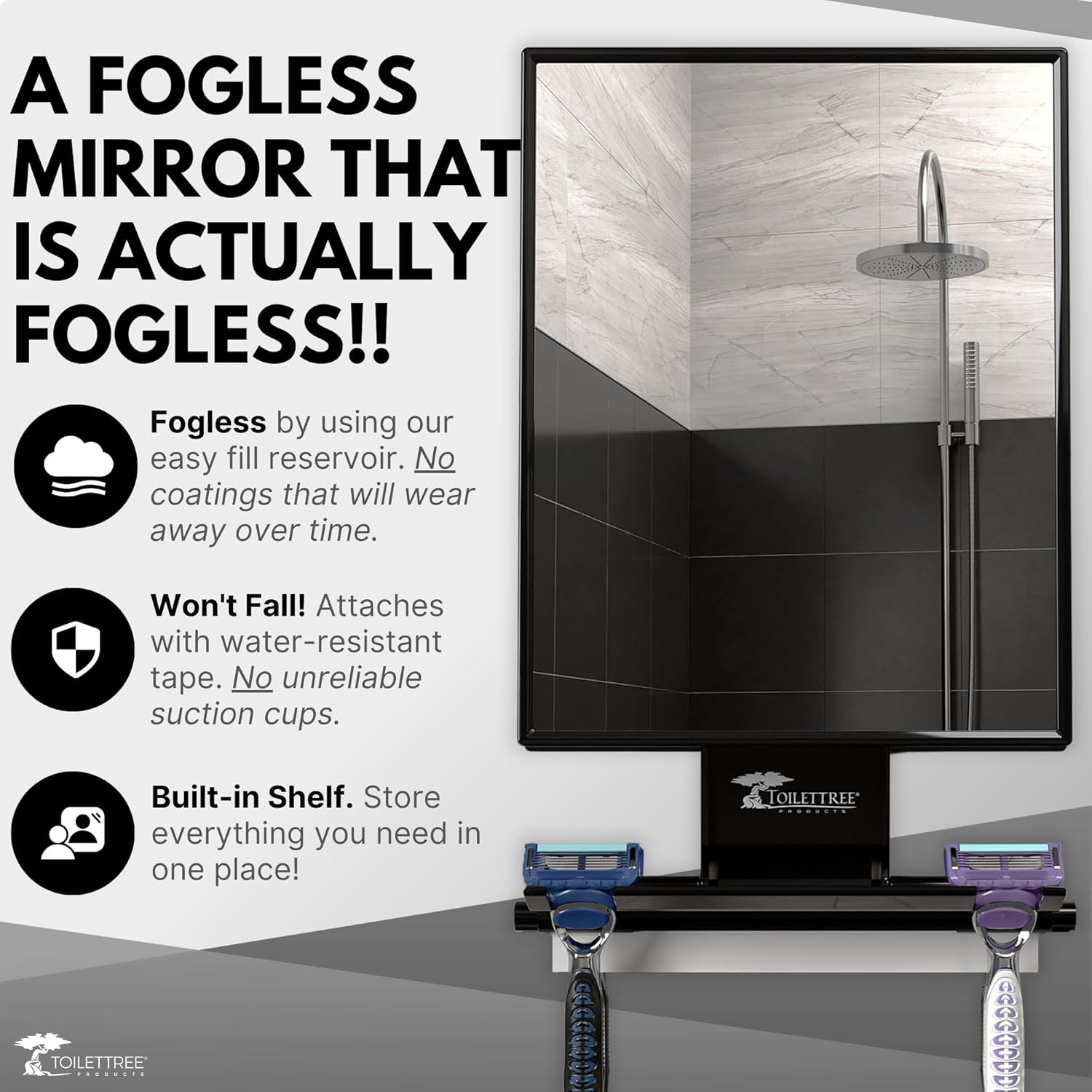 ToiletTree Products Fogless Shower Mirror - Anti-Fog 7.5"L x 6.5"W, Black 