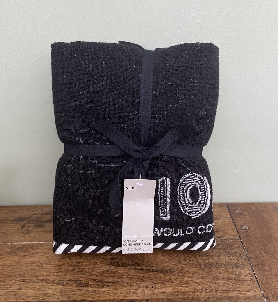 NEXT 2x Hand Towel 10/10 Would Come Here Again 100% Cotton Black & White  - BNWT