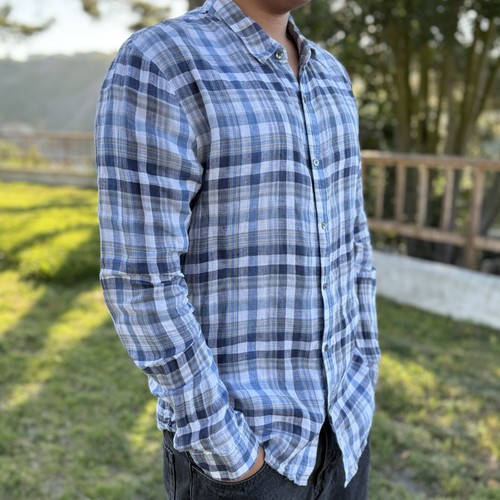 Camisa James Perse Para Hombre 4 XL Azul A Cuadros 100% Lino Preppy Manga Larga Abotonada - Imagen 2 de 24