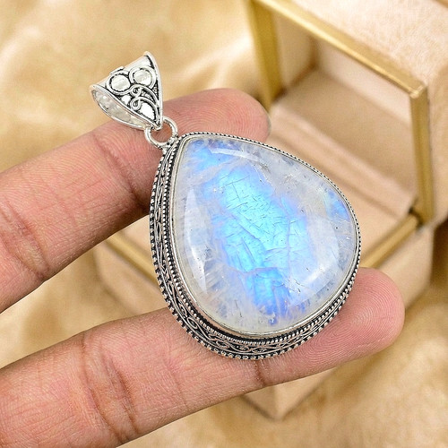 Natural Moonstone Rainbow Gemstone Pendant 925 Sterling Silver Jewelry Pendant