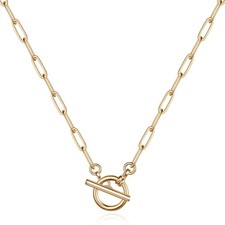 14K-Gold-Plated Paperclip Chain Necklace for Women, 14K-Gold-Plated Toggle Clasp