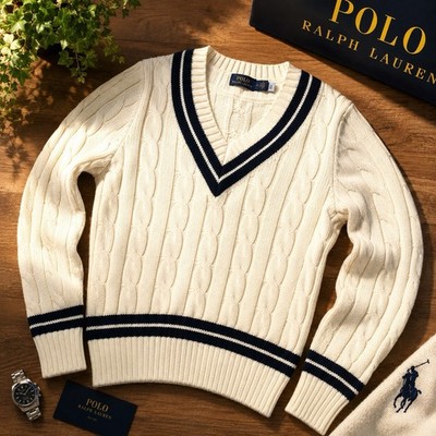 Polo Ralph Lauren Cable Knit Cricket Pullover Creme Navy V-Neck Größe M  