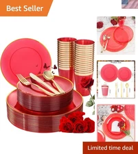 180-Pcs Red Plastic Dinnerware Set with Gold Accents - Hand Wash Only