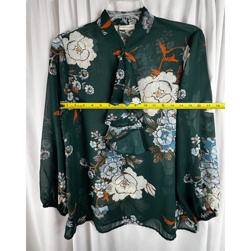 eva mendes Floral Blouse, Front Ruffle, Green Multi, Sz: S, 55-27 - Picture 5 of 16