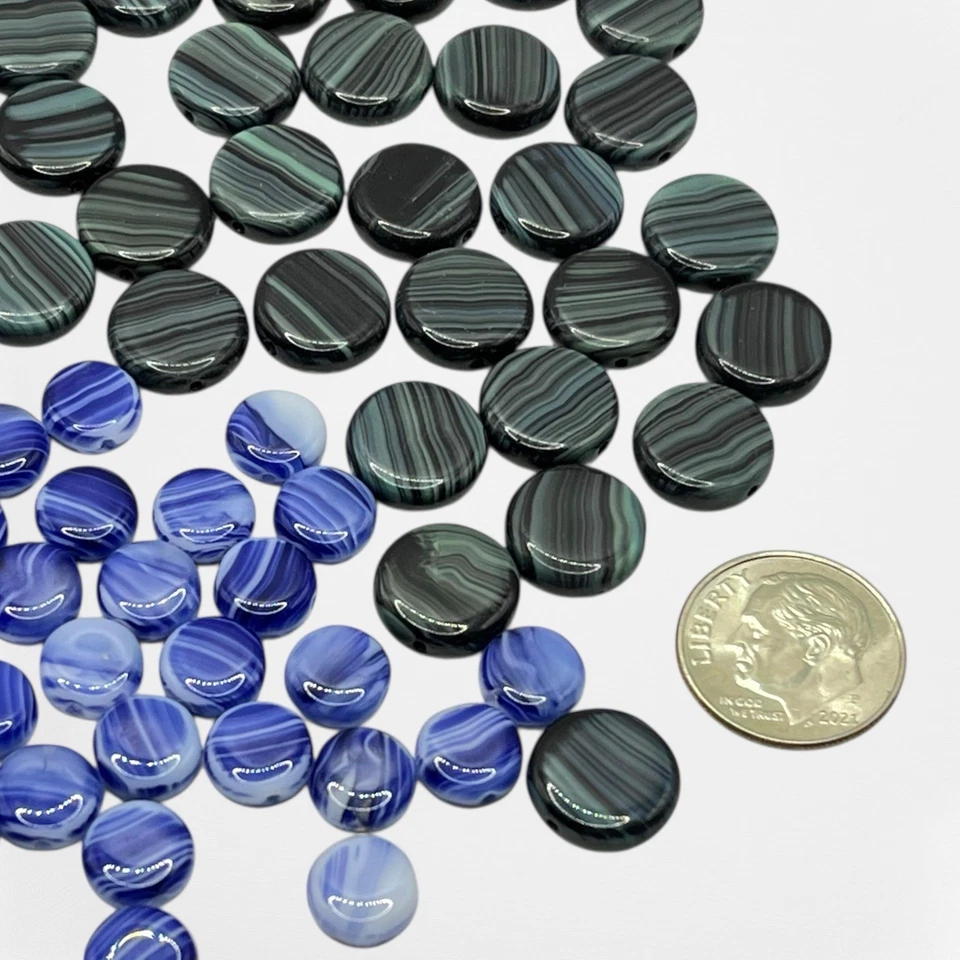 Lot Czech Glass Beads Flat Coin Jewelry Jet Brown Blue Stripe 8 - 12mm 150 Pc - Image 4 of 4