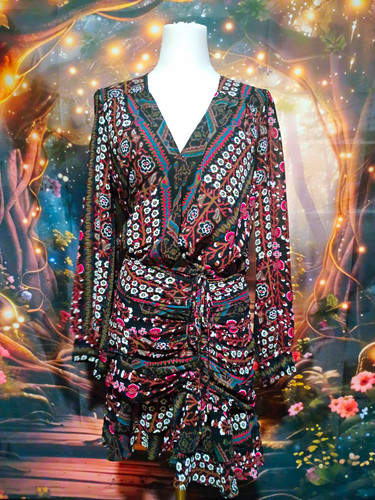 NWOT VERONICA BEARD Floral Boho V-Neck Ruched Designer Mini Dress MSRP $595