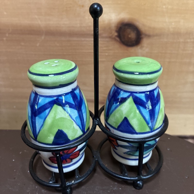 Handpainted Ceramic Salt & Pepper Shaker Set Metal Holder Caddy Green Blue
