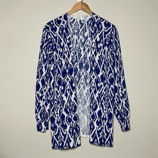 Chicos Blue White Ikat Open Front Lightweight Cardigan Sweater