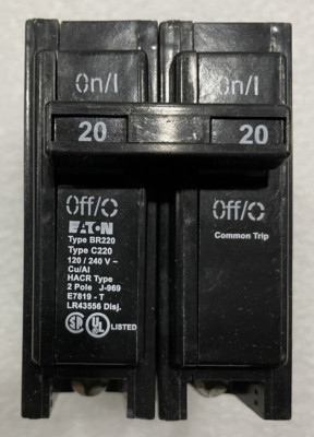 (1) Eaton BR220 120/240 VAC 20 Amp 2P Double Pole Circuit Breaker Cutler-Hammer