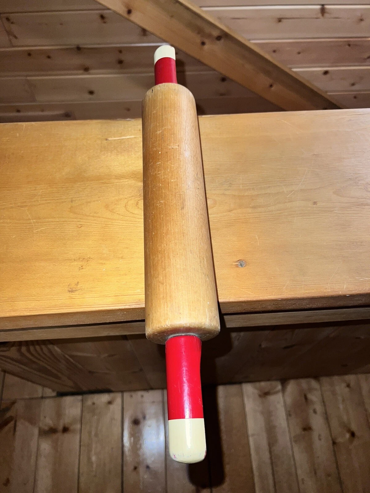 VINTAGE Wooden Rolling Pin Flat Red & Cream Handle 17" w/ 10" Roller Hard Wood