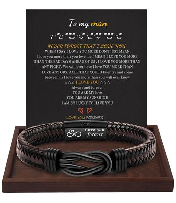 Men's Leather Bracelets Engraved with ''Love You Forever'' Handmade with Gift Box