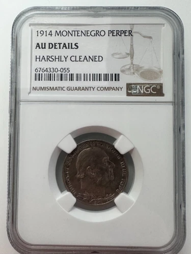 MONTENEGRO 1914 One 1 Perper AU Details HARSHLY CLEANED NGC Silver Coin (.835)