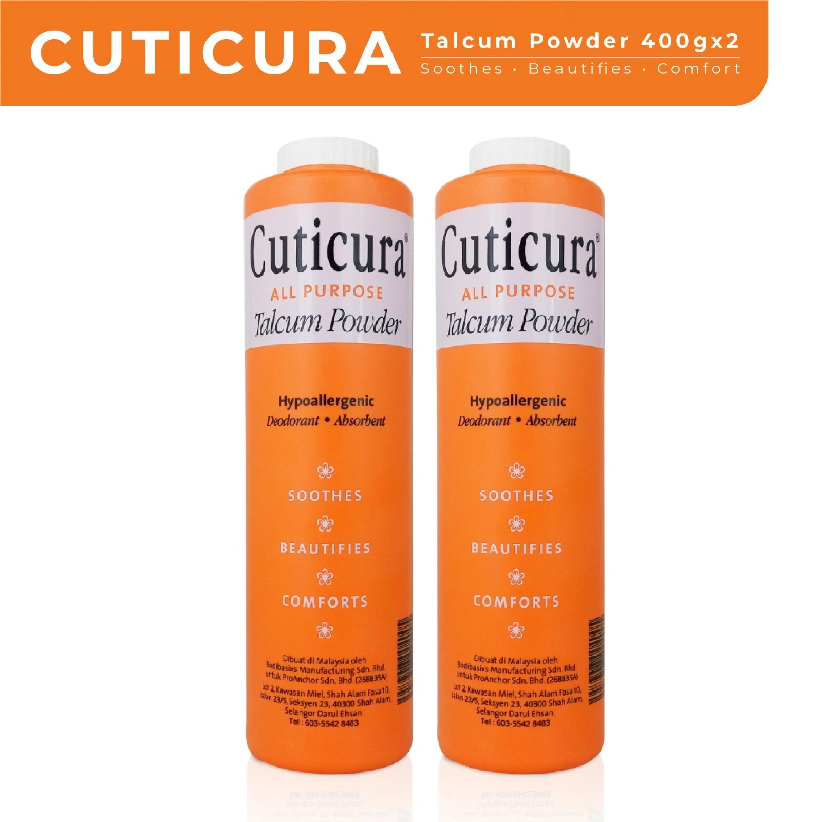 (2) 400g Cuticura Talcum Baby Powder Body Talc Midly Medicated Deodorant
