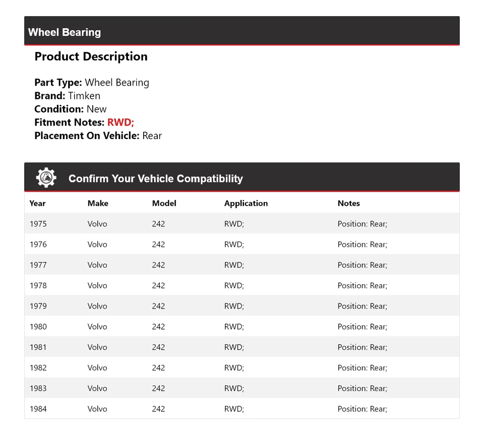 Cojinete de rueda trasero Timken 1976 1977 1978 1979 1980 para Volvo 242 1975-1984 tracción trasera Foto 2 de 4